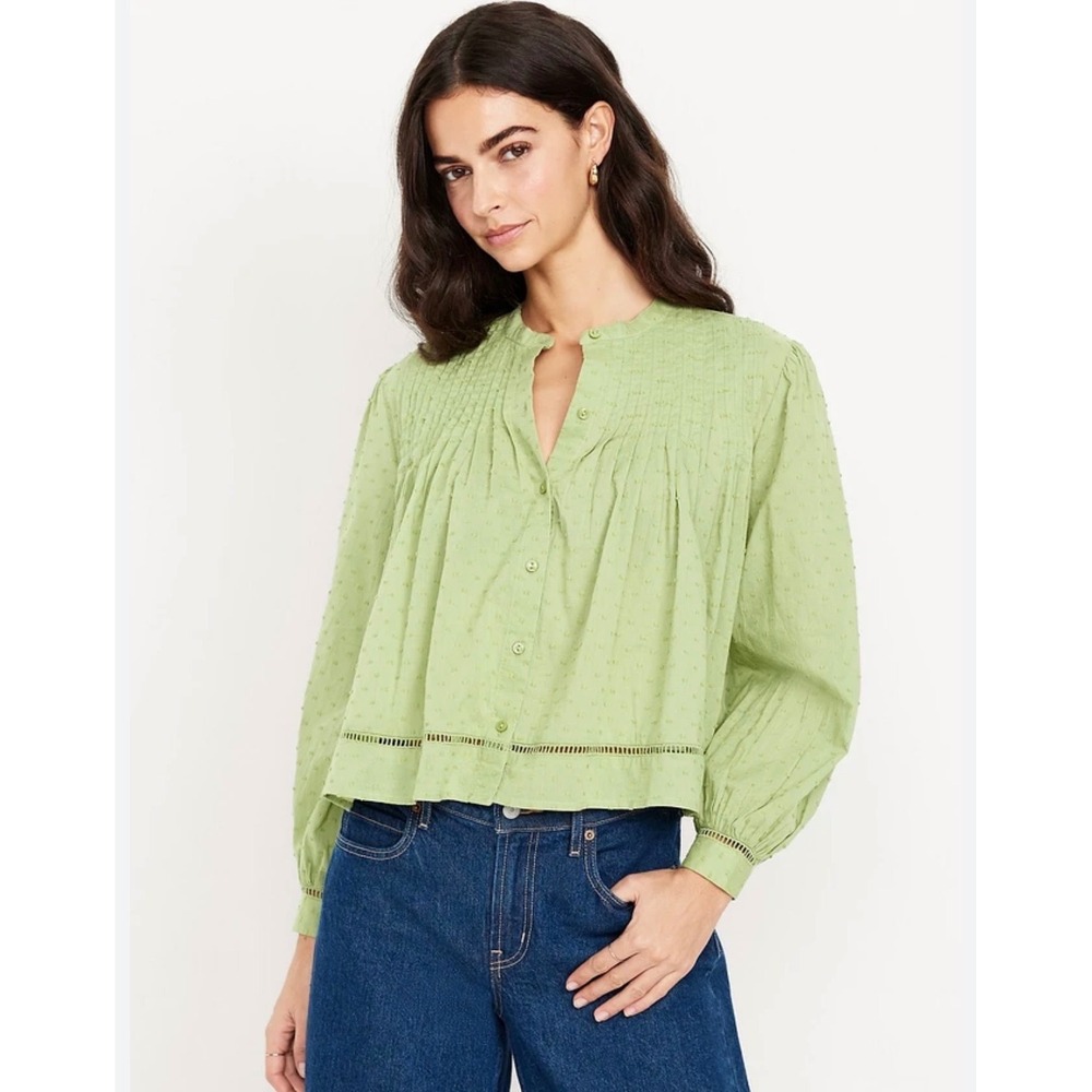 Old Navy Lime Green Clip Dot Pintuck Button Down Blouse Top Womens Medium‎